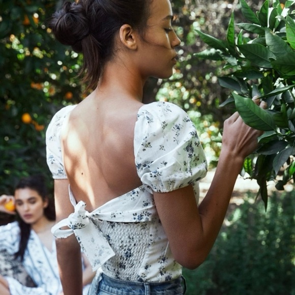 Reformation Casterly Linen Puff Sleeve Tie Back Top Madeline Floral Print Size 4 - Picture 3 of 8